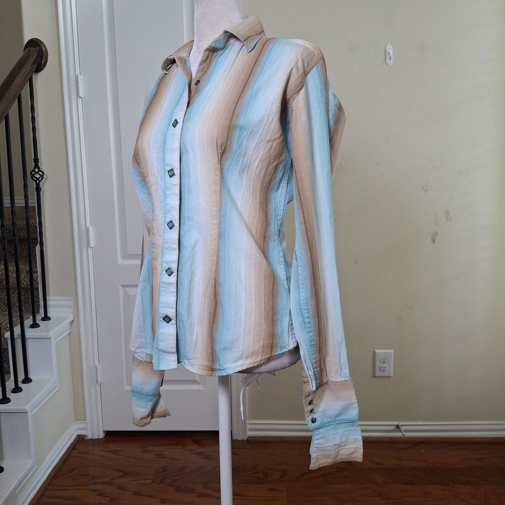 Panhandle Slim Stripe Western Shirt Women XS Diamond Pearl Snap Turquoise  Rodeo - Picture 5 of 15